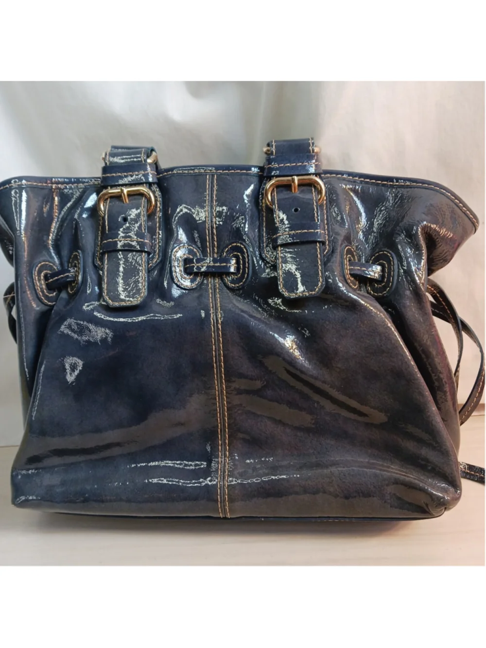 Dooney & Bourke Dark Navy Blue Chiara Patent Leather Shoulder Tote Bag Red Check